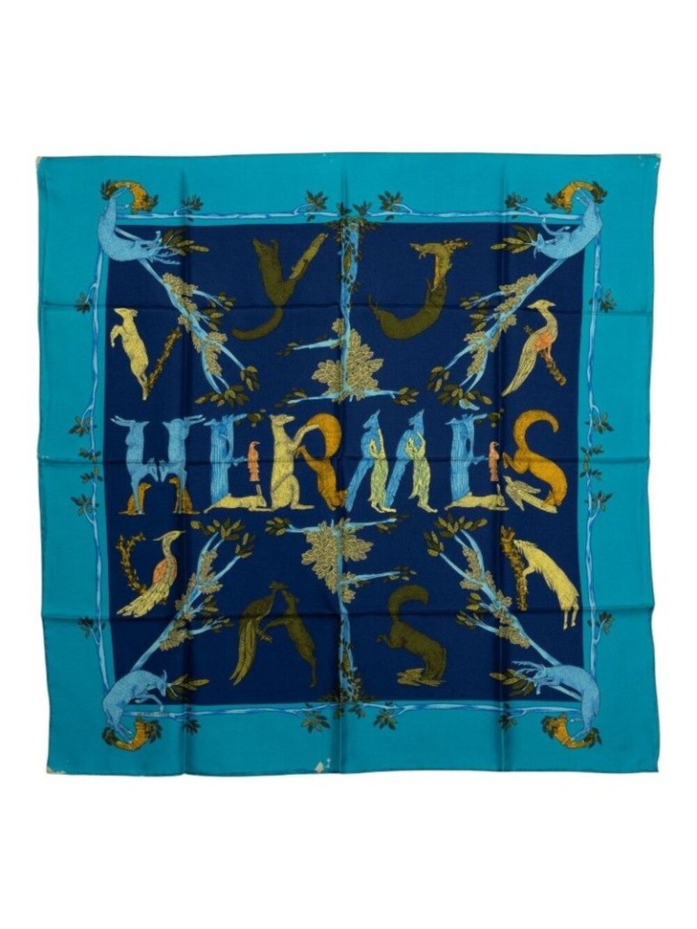 Hermes Carre 90 Animal Alphabet Forest Animals Scarf Blue Silk